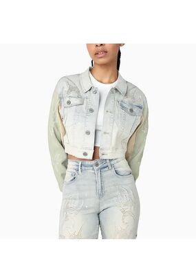 Cropped Light Wash Denim Jacket with Pastel Green Sleeves